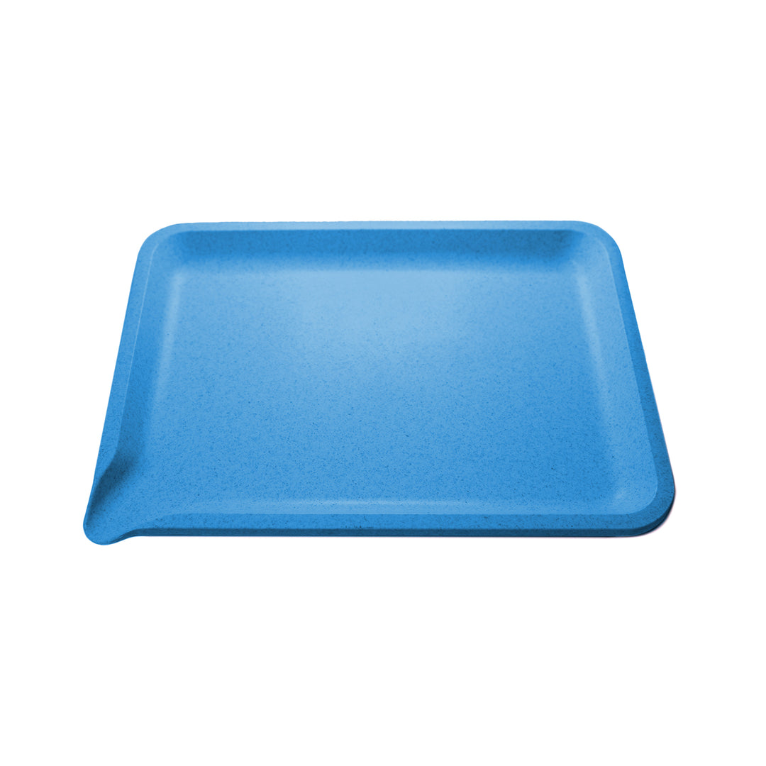 PURR eco-friendly hemp rolling tray with integrated funnel pour spout for easy loading, blue matte finish.